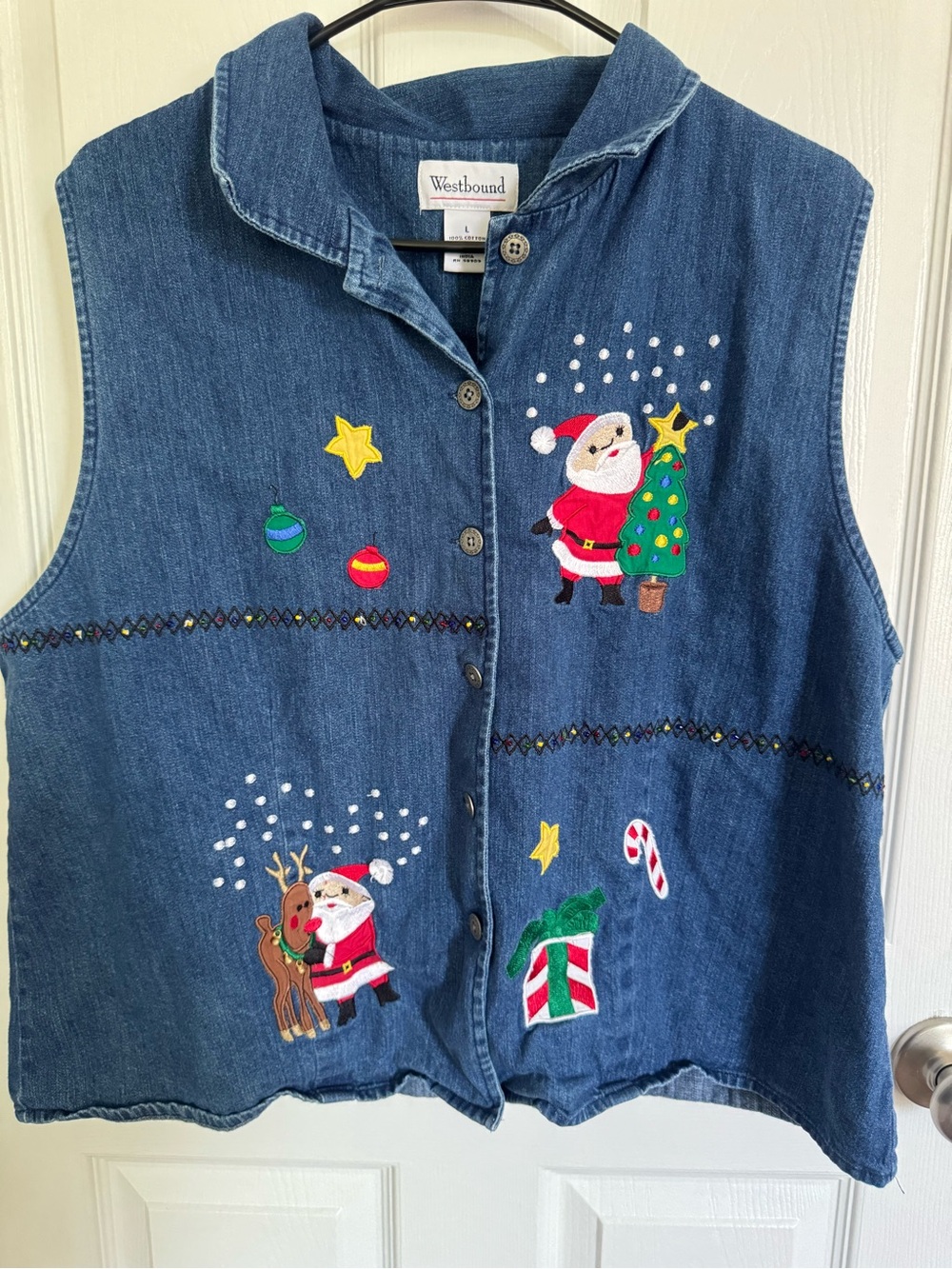Westbound Blue Denim Holiday Vest with Embroidered Santa
